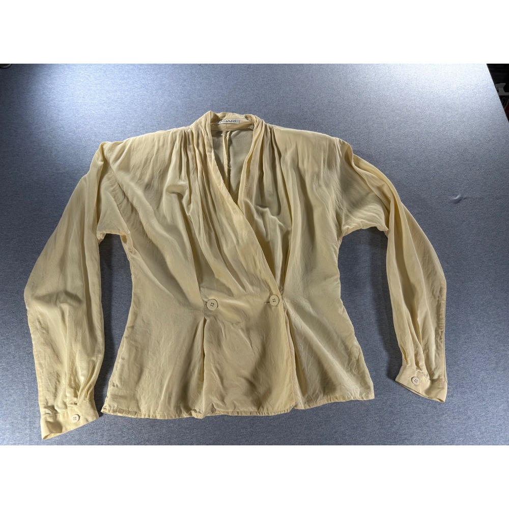 Vtg Tahari 100% Silk Blouse Ivory Wrap Pleated Long Sleeve Top Size 10